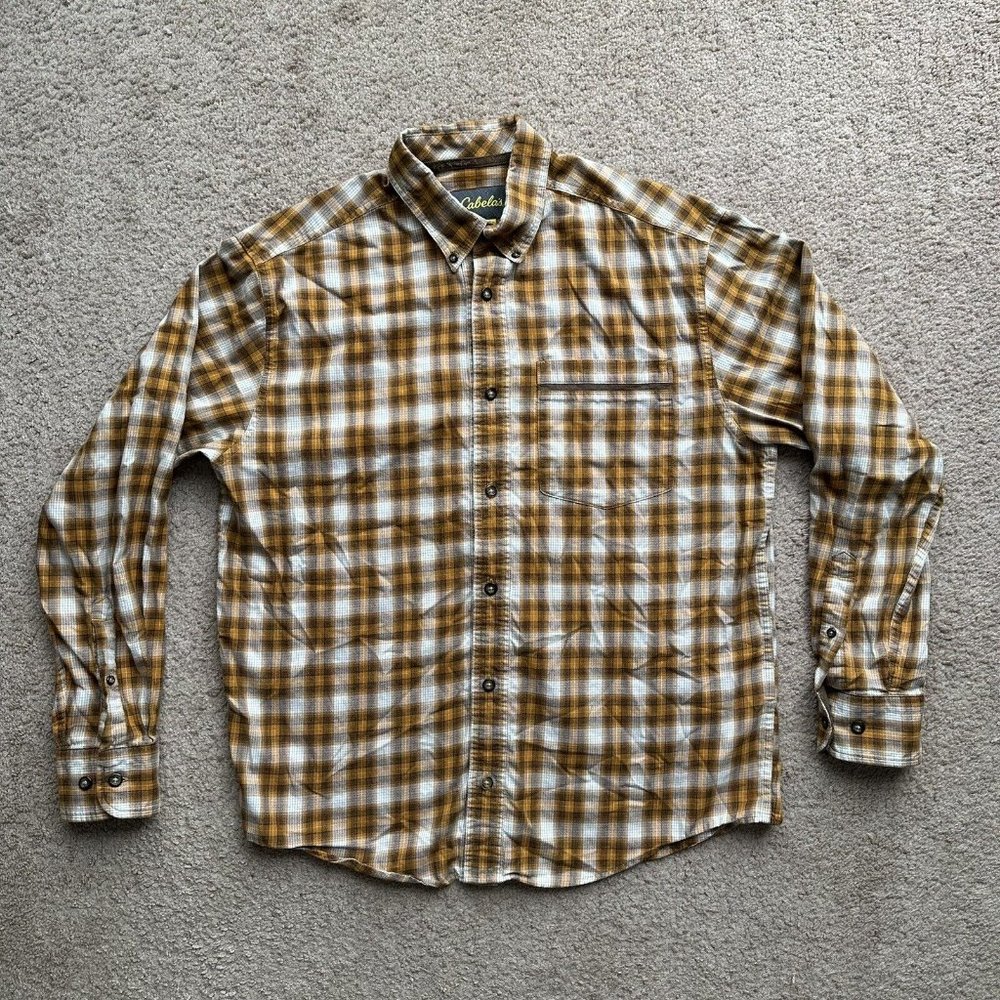 Cabela's Shirt Mens Medium Orange White Plaid Button Down Long Sleeve Pocket